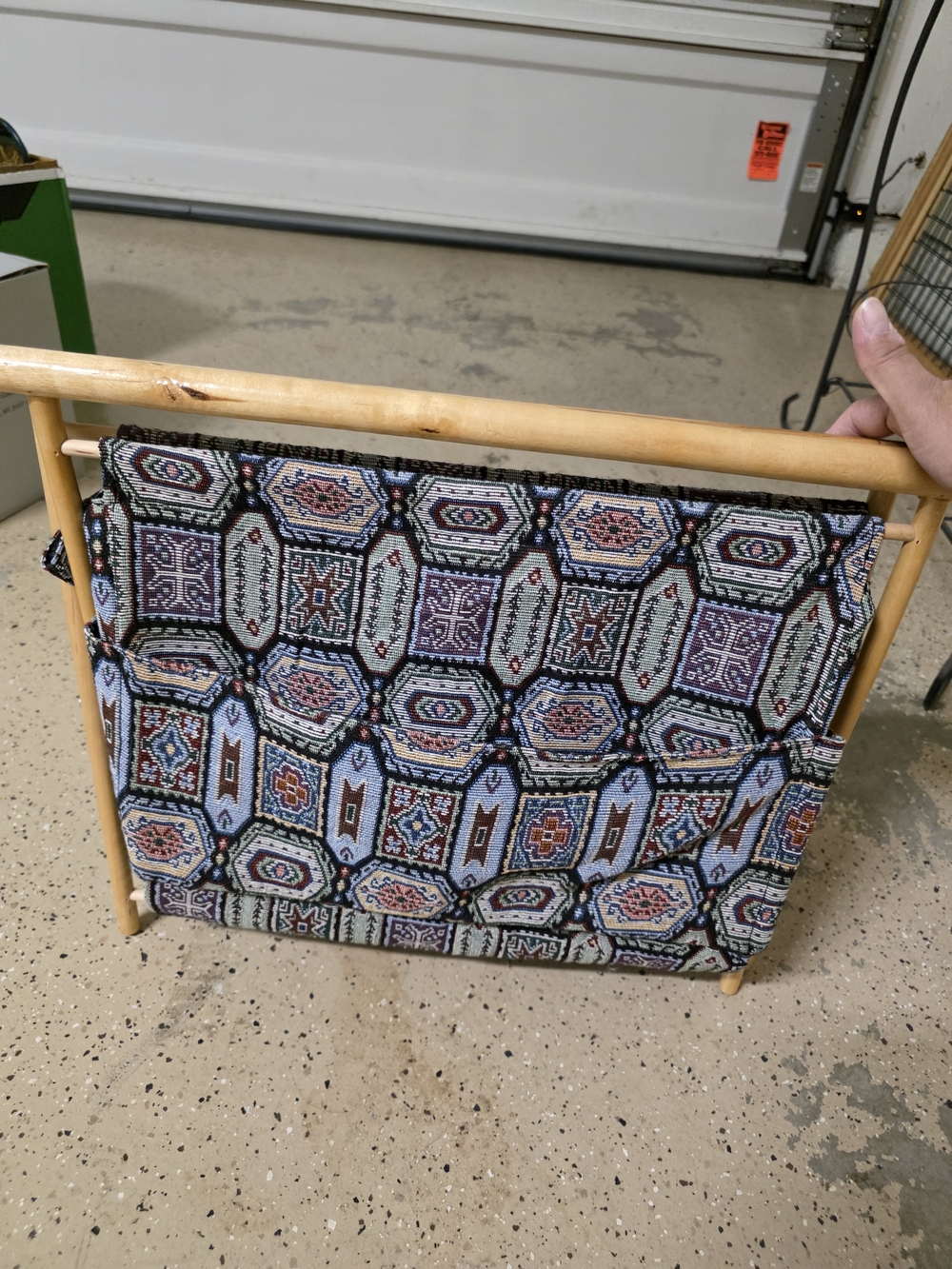 Wood Frame Magazine Rack with Blue Patterned Fabric - Picture 3 of 6